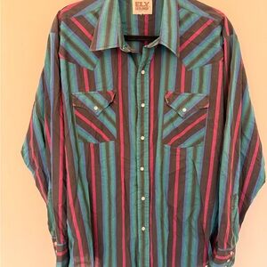 Ely Cattleman XL Striped long Sleeve Shirt blue red Vintage Pearl Snap-up
